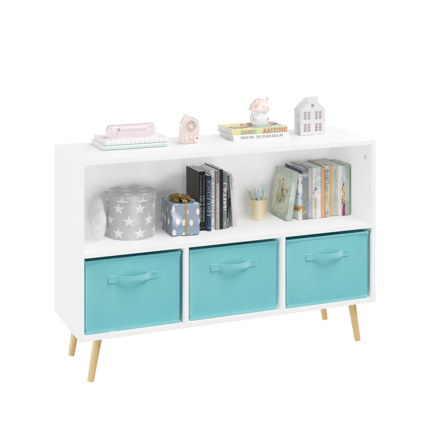 Kids bookcase with Collapsible Fabric Drawers Children's Book Display Toy Storage Cabinet Organizer White/Blue