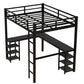 All metal loft bed with desk and shelf, loft bed with ladder and guardrail, black with black desk