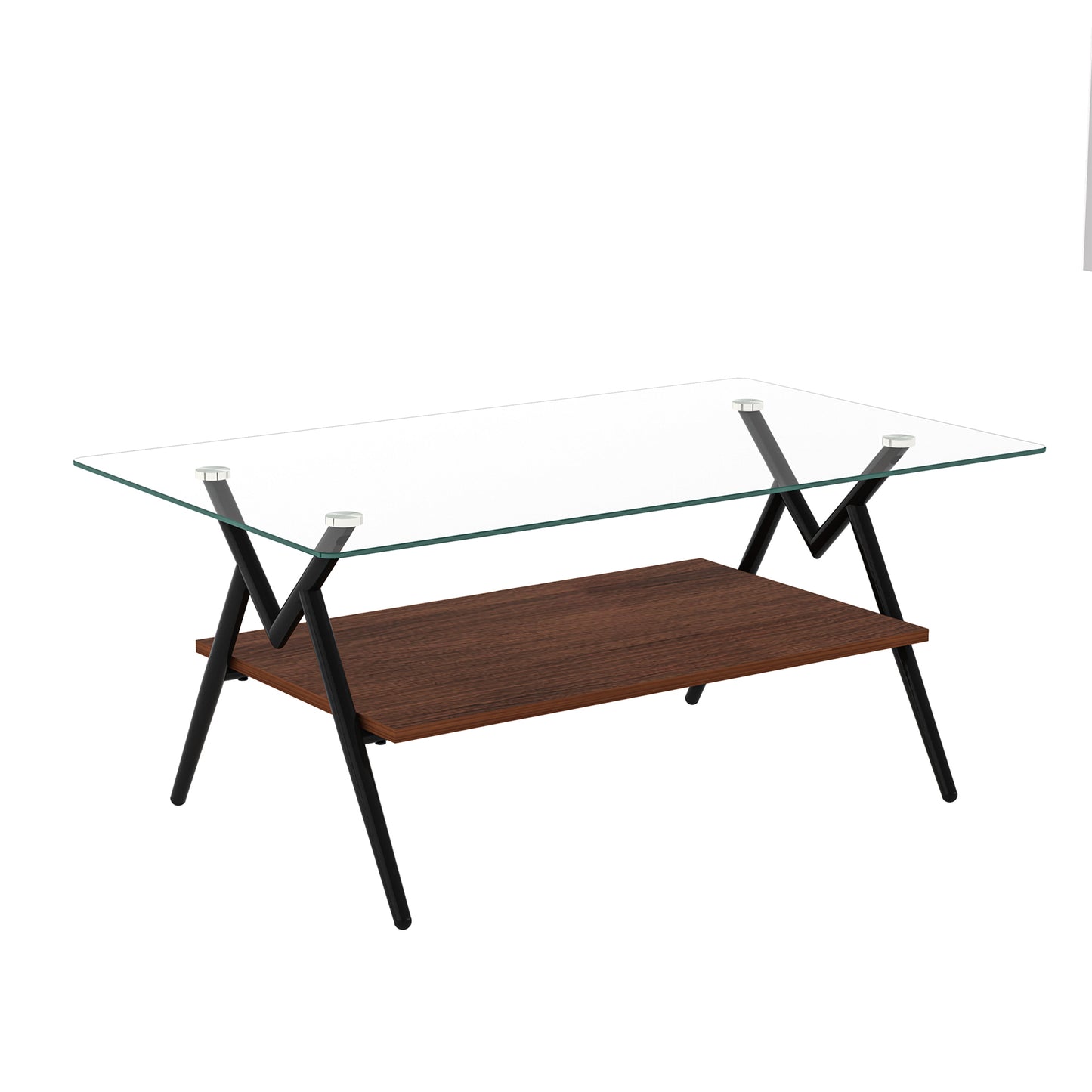 Mesa de centro rectangular con tapa de vidrio templado y patas de metal negro, diseño moderno para salas de estar