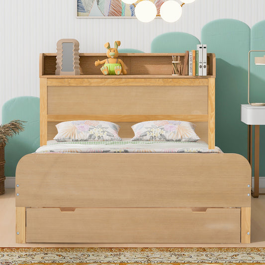 Full Size Platform Bed with Storage Headboard and a Big Drawer Wood Color