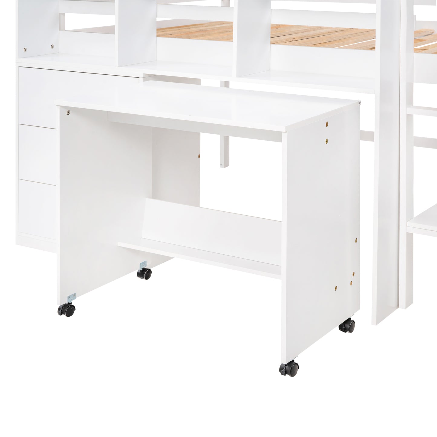 Full Size Low Loft Bed with Rolling Portable Desk, Drawers and Shelves, White