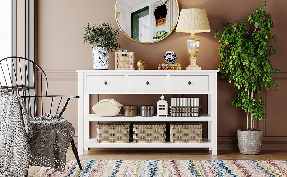 Mesa consola de diseño retro con dos estantes abiertos, estructura y patas de madera maciza de pino, acabado blanco antiguo