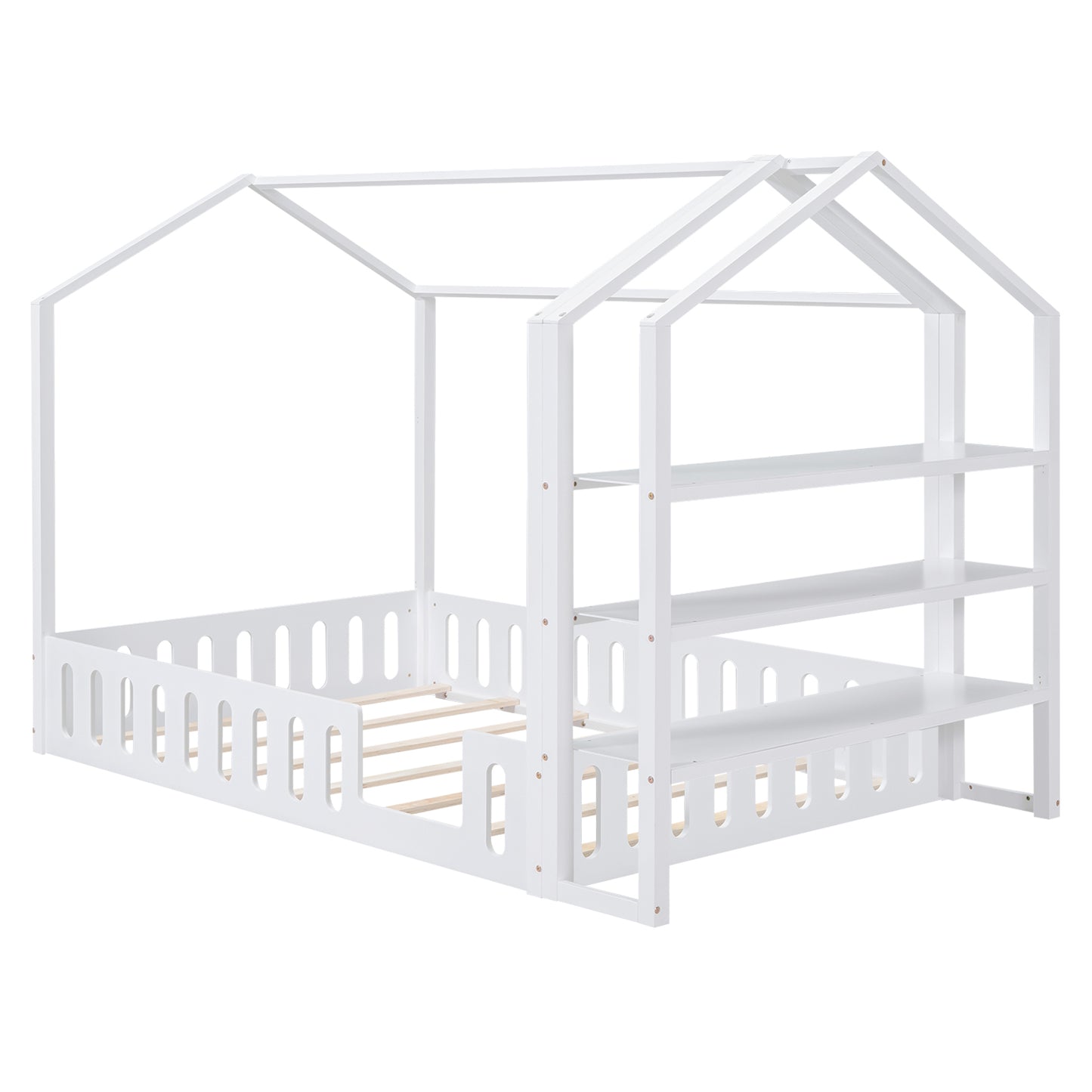 Full Size Wood House Bed with Fence and Detachable Storage Shelves, White