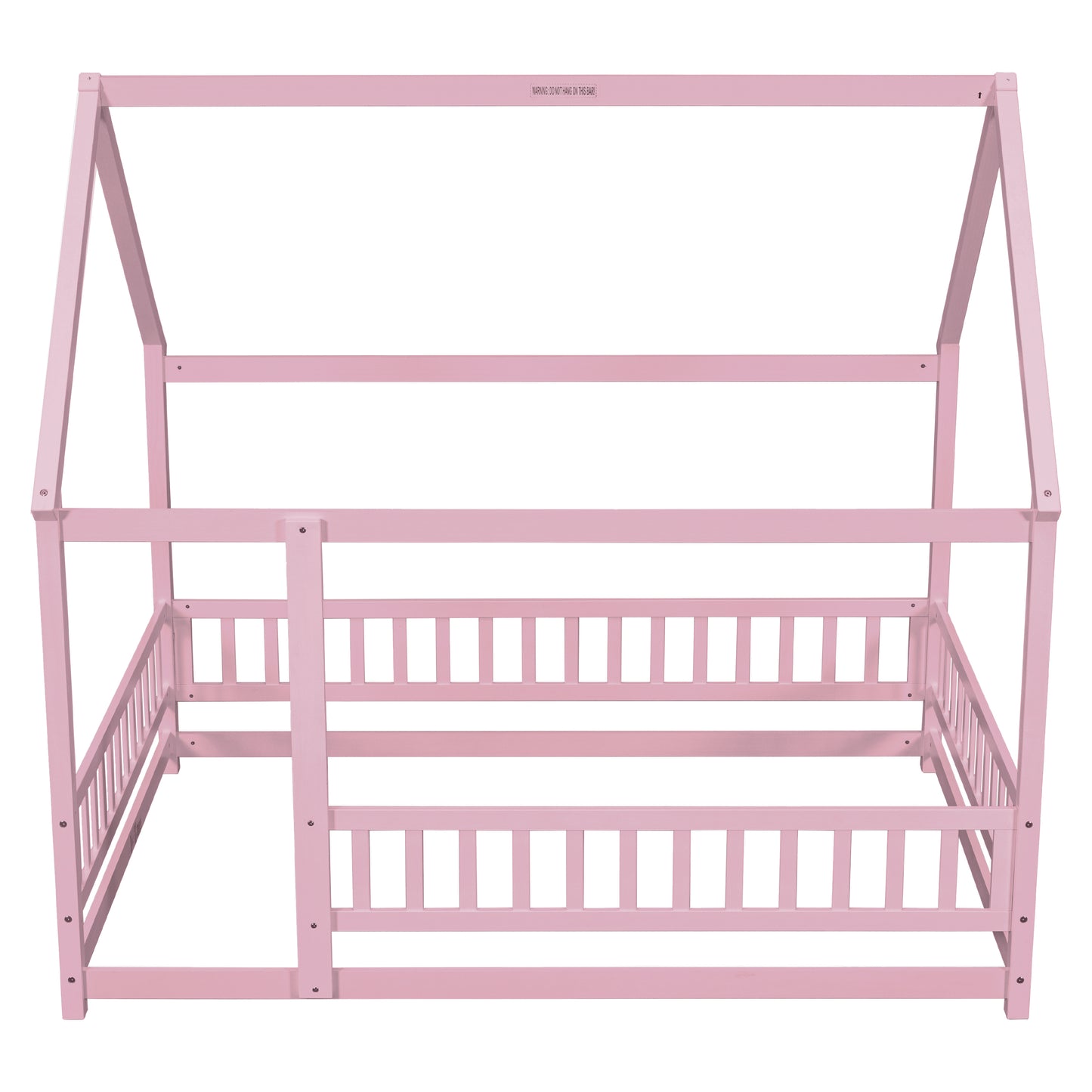 Full Size Floor Wooden Bed with House Roof Frame, Fence Guardrails ,Pink