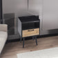 Rattan End table with Power Outlet & USB Ports Modern nightstand with drawer and solid wood legs black