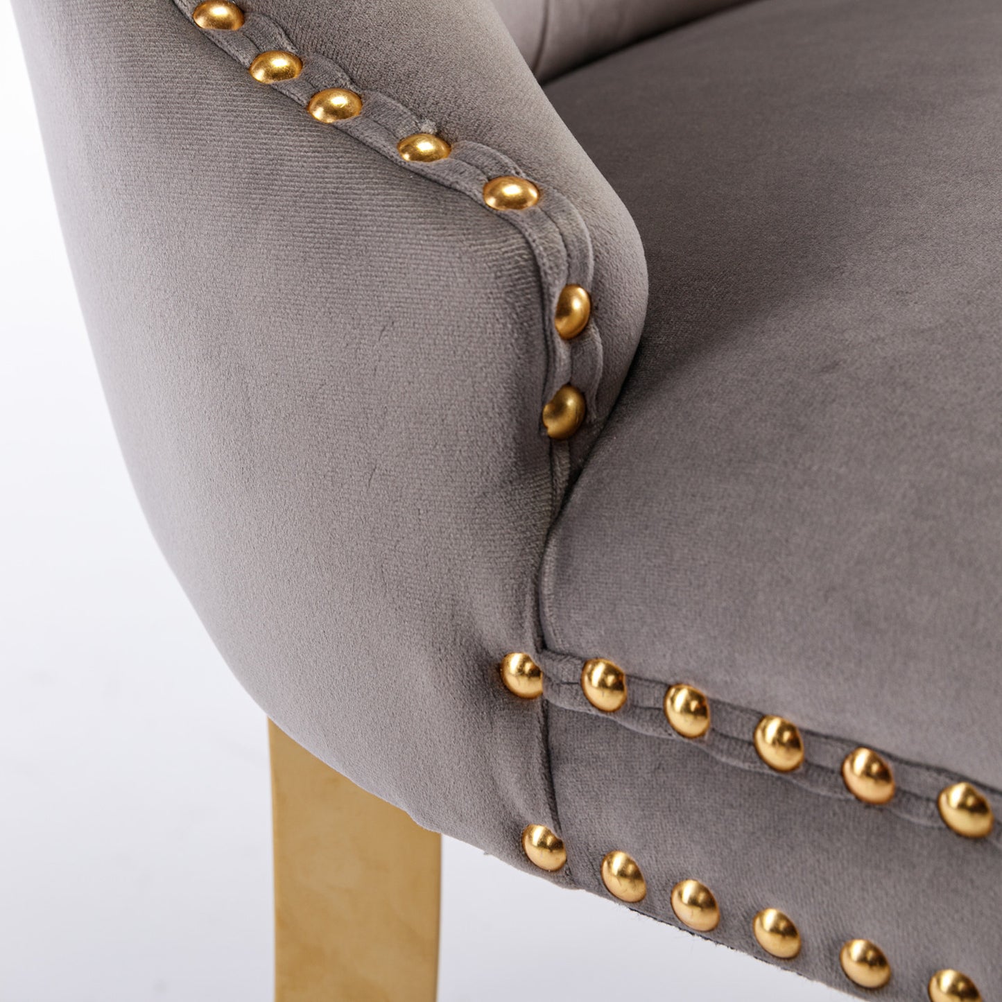 Tufted solid wood velvet cushioned dining chair, gold-plated stainless steel nail leg heads, 2 pieces in gray and gold