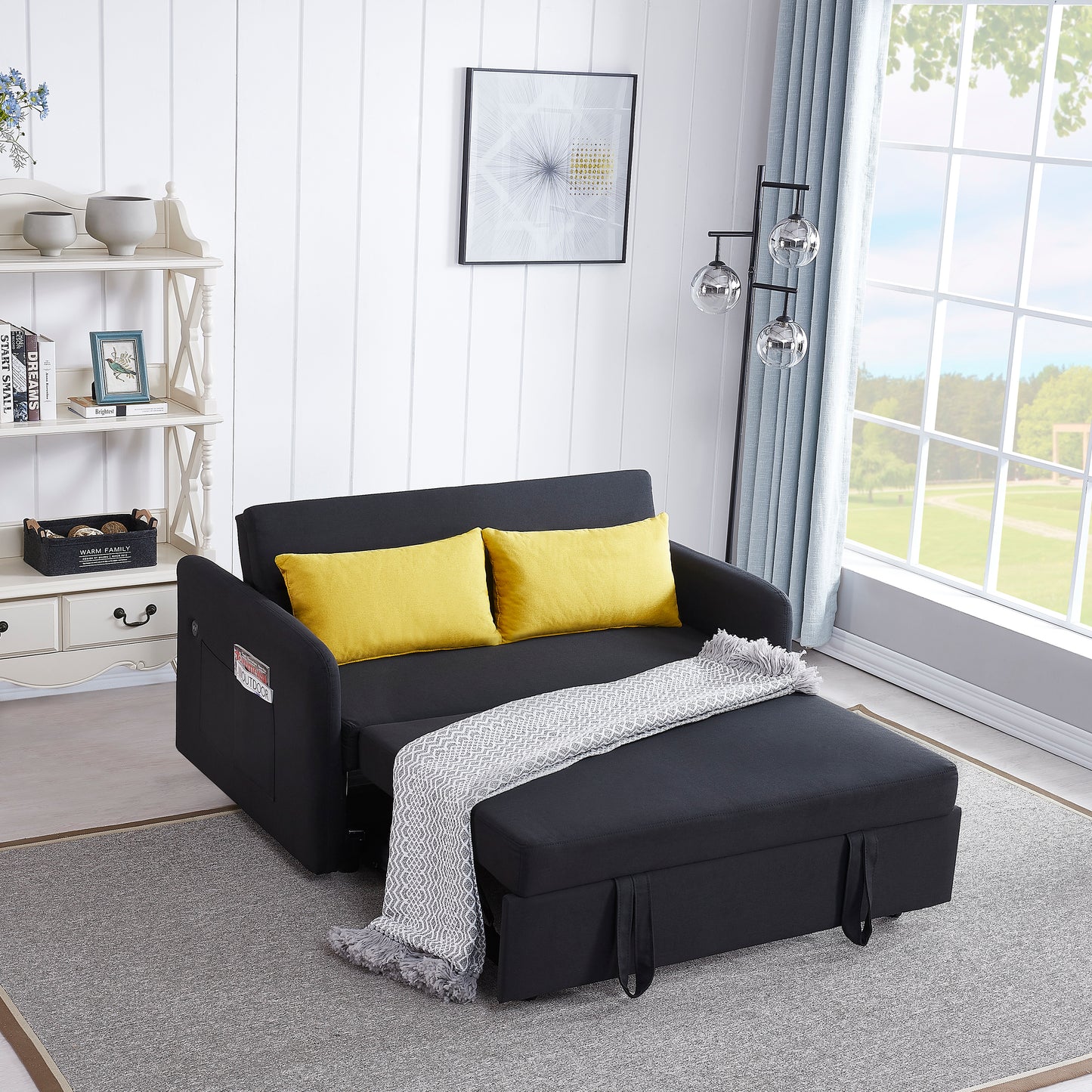 Twins Sofa Bed in Black Fabric, Stylish and Functional Convertible Design for Small Spaces