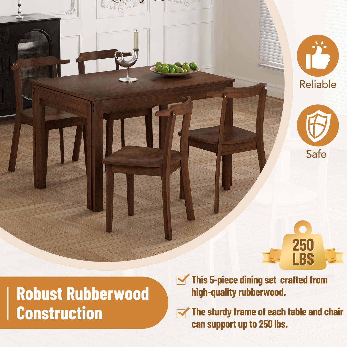 TOPMAX 65" 5-Piece Dining Set with Wheels, Expandable Table, and Small Dining Chairs, Brown Finish