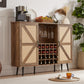 Oak Color Faux Rattan Barn Door Wine Cabinet with Wine Rack and Wine Glass Rack, Double Door Design with Removable Shelves