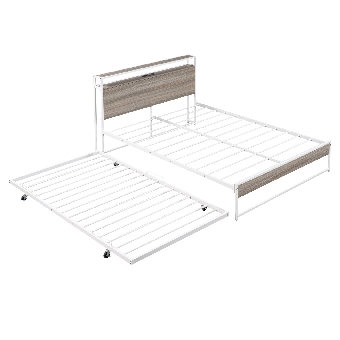 Full Size Metal Platform Bed Frame with Trundle, USB Ports and Slat Support No Box Spring Needed White