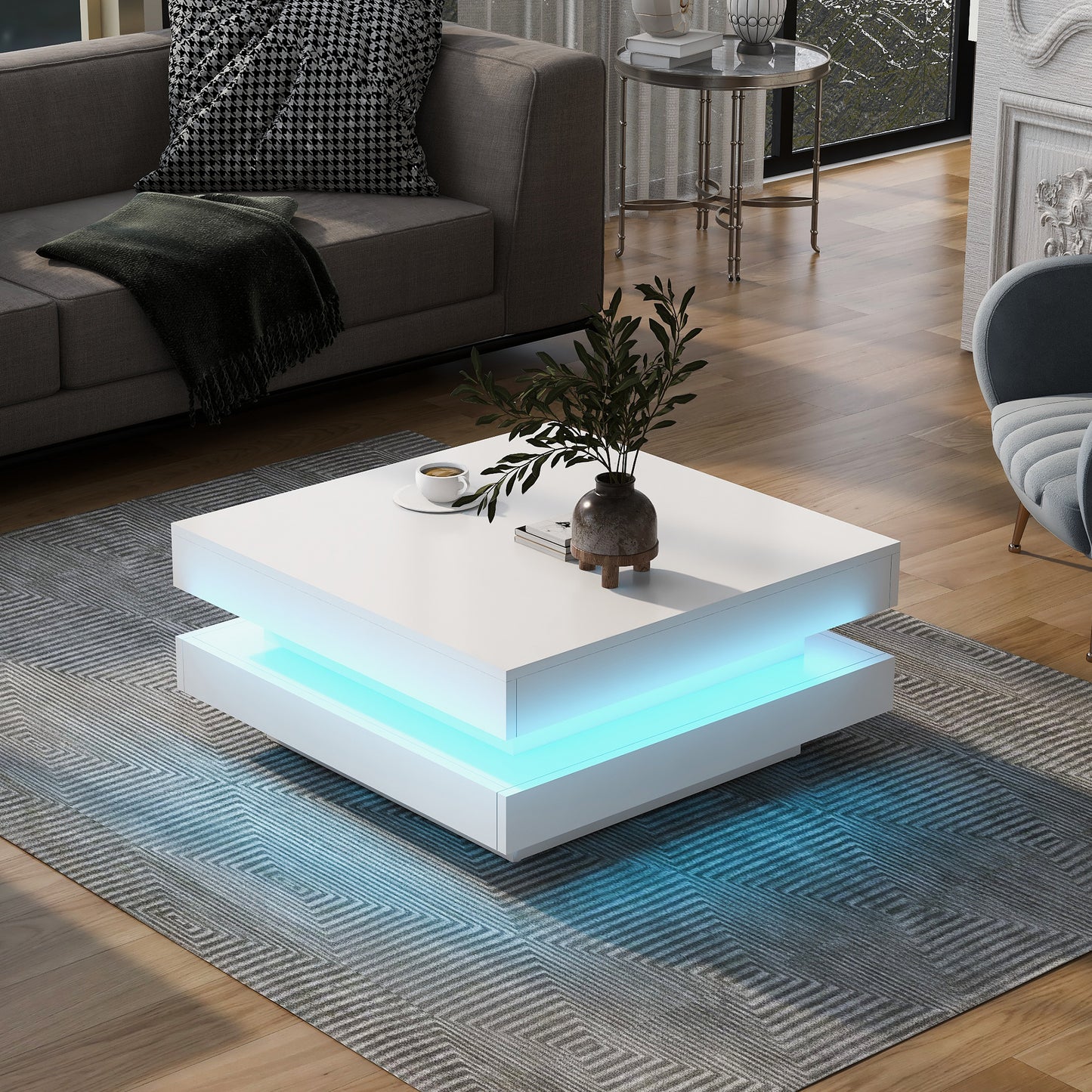 Mesa de centro minimalista cuadrada de alto brillo ON-TREND con luces LED, diseño de 2 niveles en acabado blanco