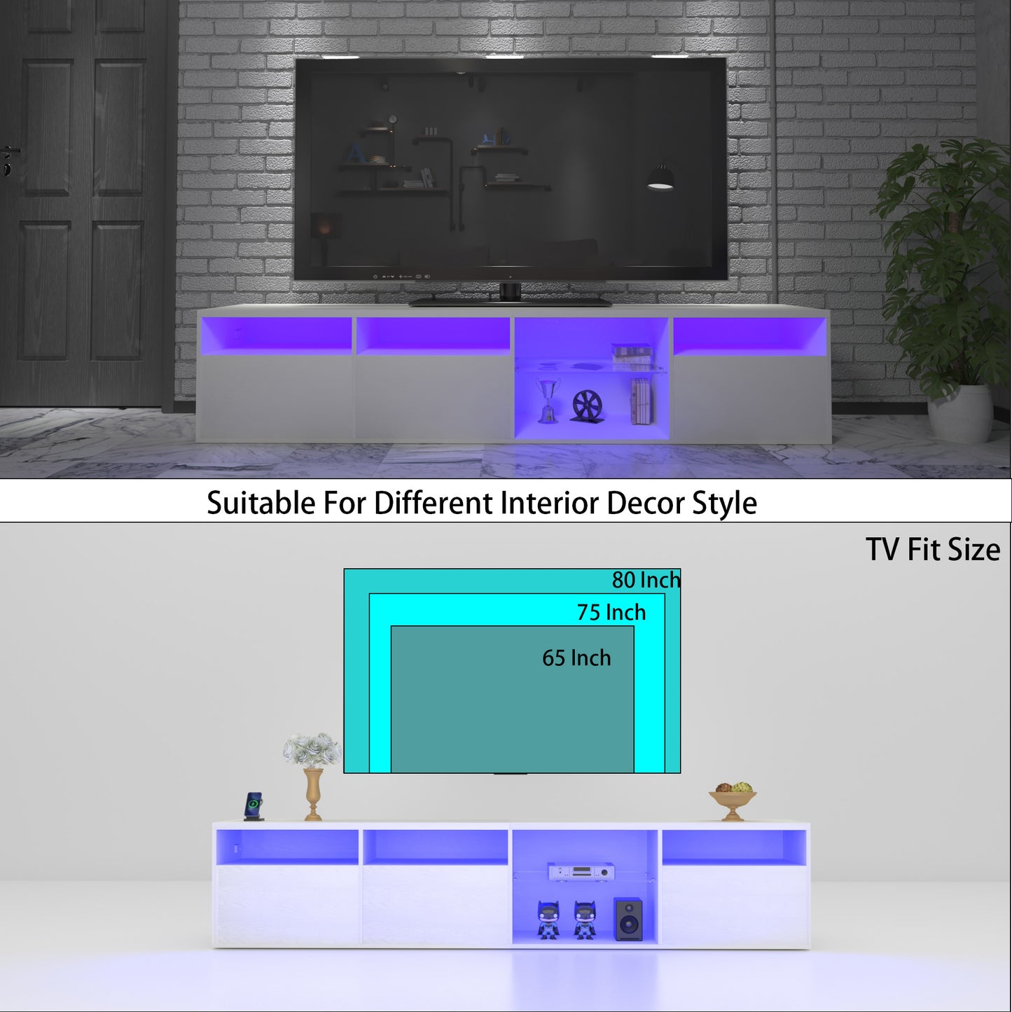 Consola de TV con gabinete de almacenamiento, soporte para TV LED de 82,6 pulgadas con 31 luces que cambian de modo, color blanco