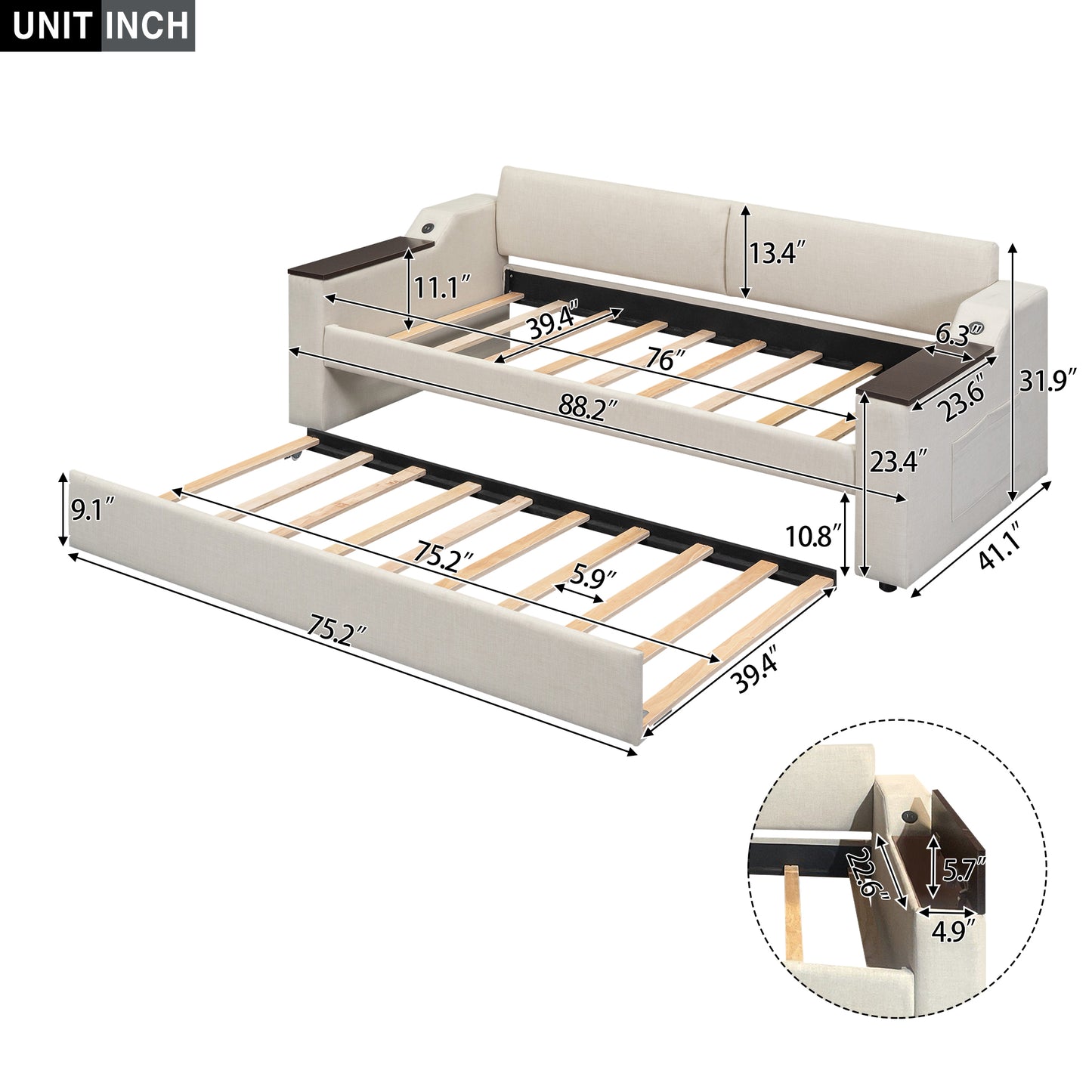 Sofá cama tapizado tamaño twin con brazos de almacenamiento, cama nido y diseño USB, acabado beige