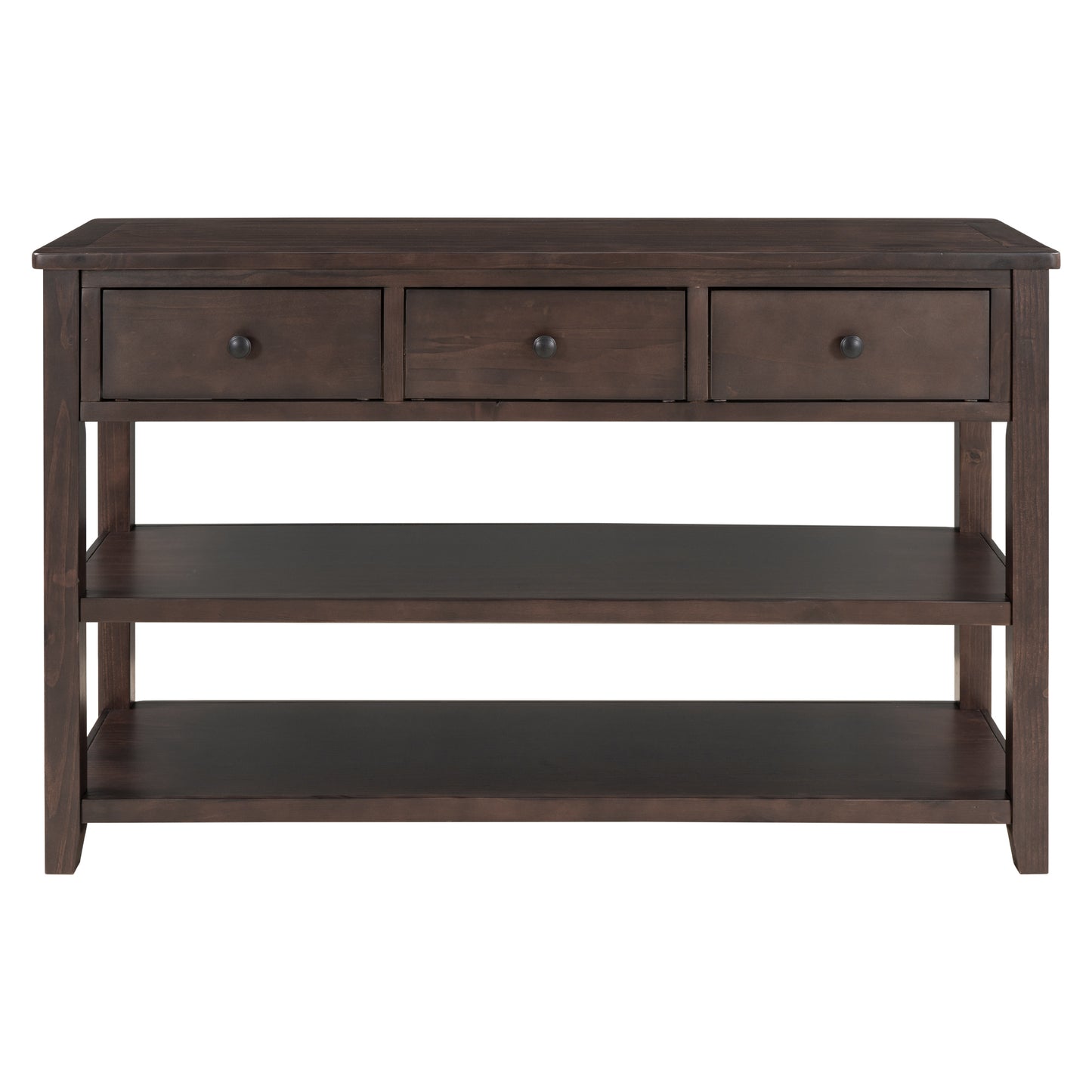 Retro Design Console Table with Two Open Shelves, Pine Solid Wood Frame and Legs, Espresso Finish