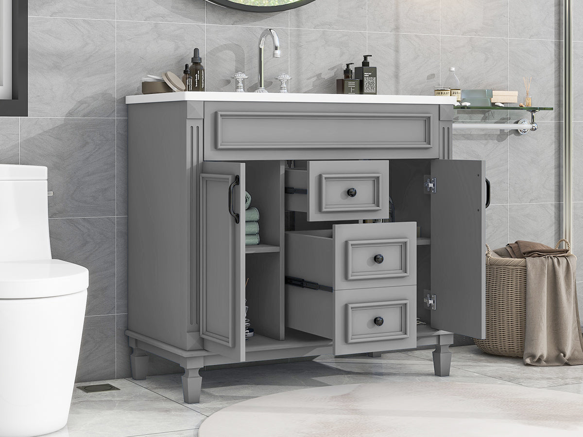 Tocador de baño de 36" con lavabo superior, gabinete de almacenamiento moderno con 2 puertas de cierre suave y 2 cajones