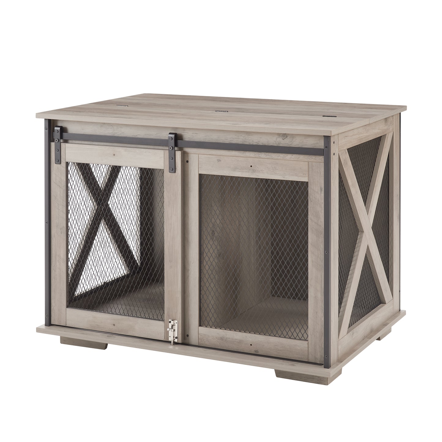 Farmhouse Dog Cage Crate Furniture with Sliding Barn Door, Farmhouse Wooden Dog Kennel End Table with Flip-top Plate Dog House