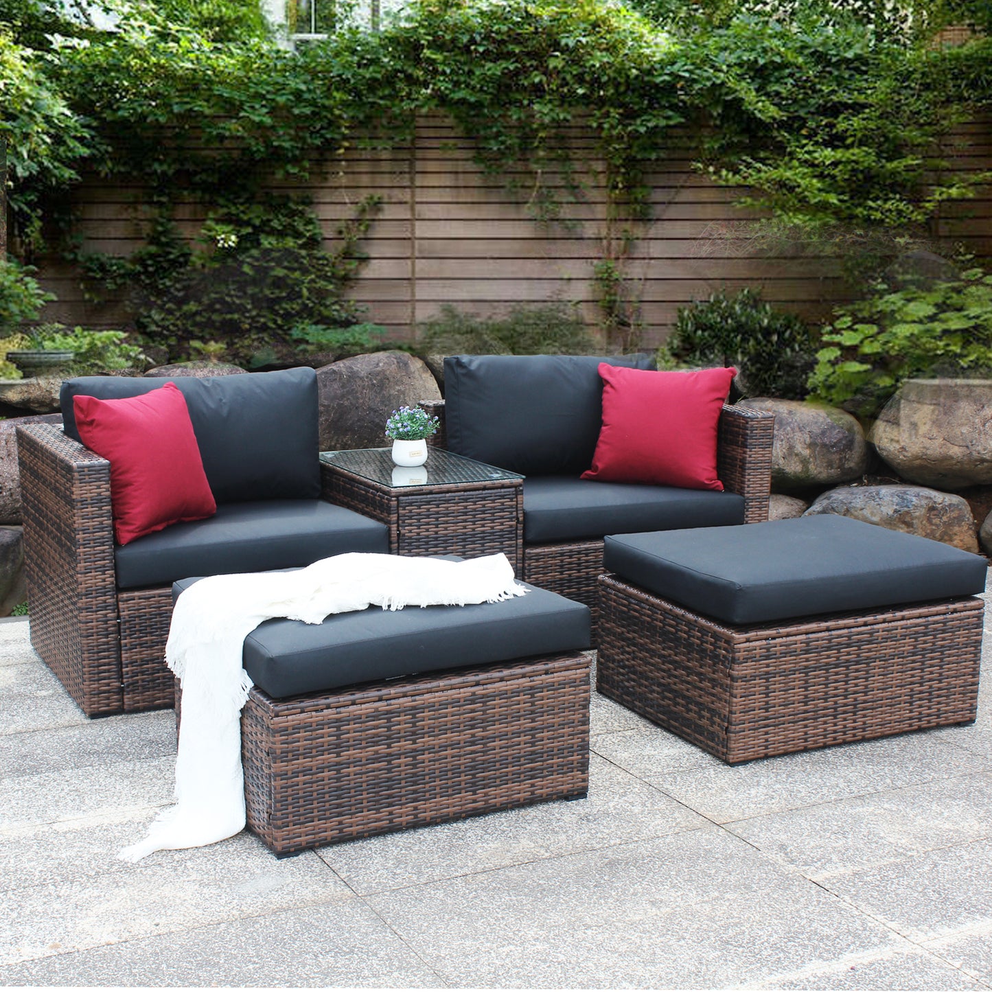 5 Pieces Outdoor Patio Garden Brown Wicker Sectional Conversation Sofa Set