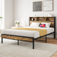 Full Size Bed Frame with Storage Headboard Metal Platform Bed with Charging Station Black