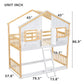 Twin over Twin House Bunk Bed with Roof , Window, Window Box, Door , with Safety Guardrails and Ladder, Natural/White