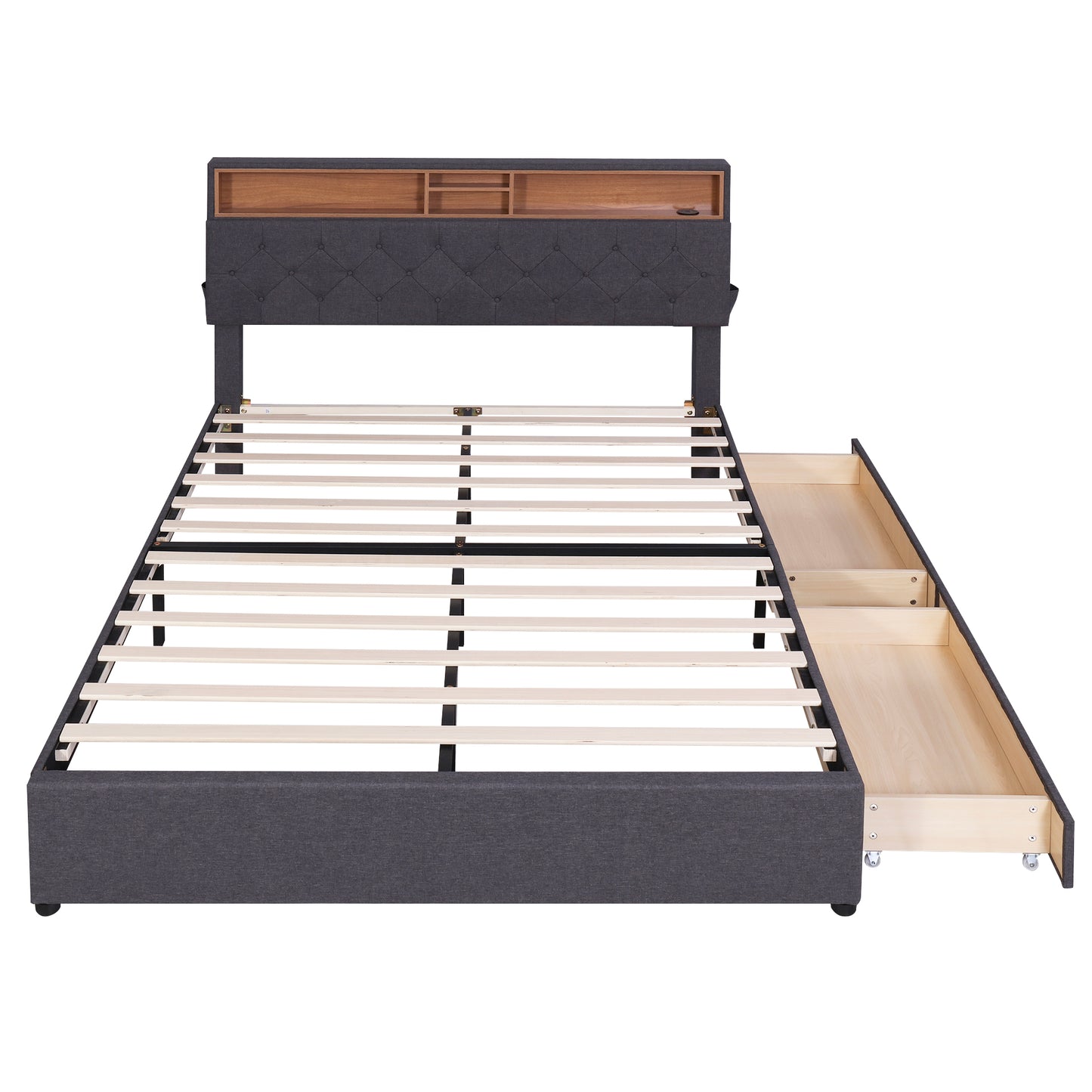 Queen Size Upholstered Platform Bed with Storage Headboard, LED Lights, USB Charging, and 2 Drawers, Dark Gray