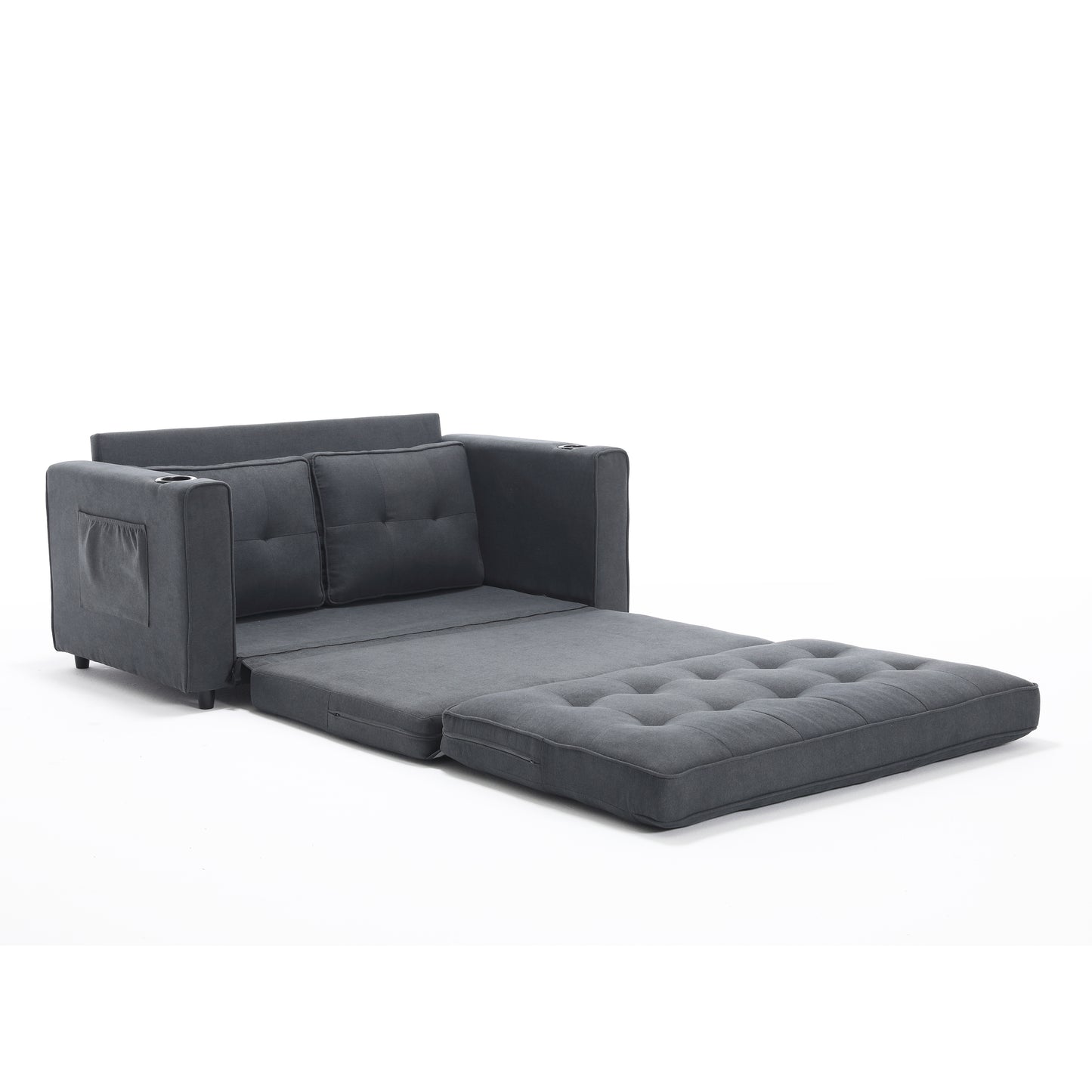 Three in one soft cushion cushion cushion sofa, folding mattress sofa bed, with side pockets and cup holder, dark gray