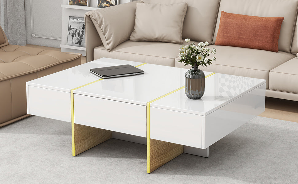 ON-TRANS 47.2 inch x 31.4 inch multifunctional rectangular sofa table with 2 drawers and gold wood grain leg center table, white