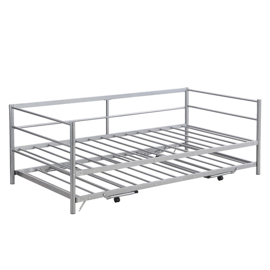 Twin Size Metal Daybed with Adjustable Trundle  Pop Up Trundle  Silver