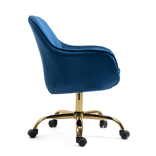 360° Dark Blue Velvet Swivel Chair With High Back Adjustable Working Chair With Golden Color Base