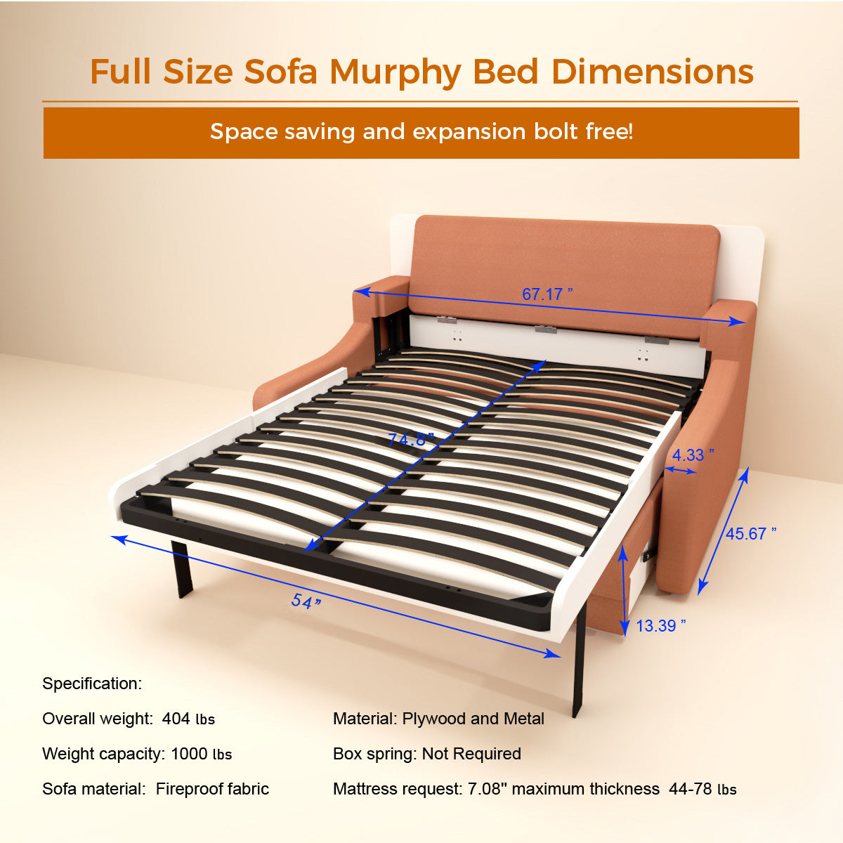 Cama plegable vertical moderna de tamaño completo con sofá y cajones, acabado blanco con columnas de gas