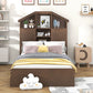 Twin Size Wood Platform Bed with House-shaped Storage Headboard and 2 Drawers Walnut