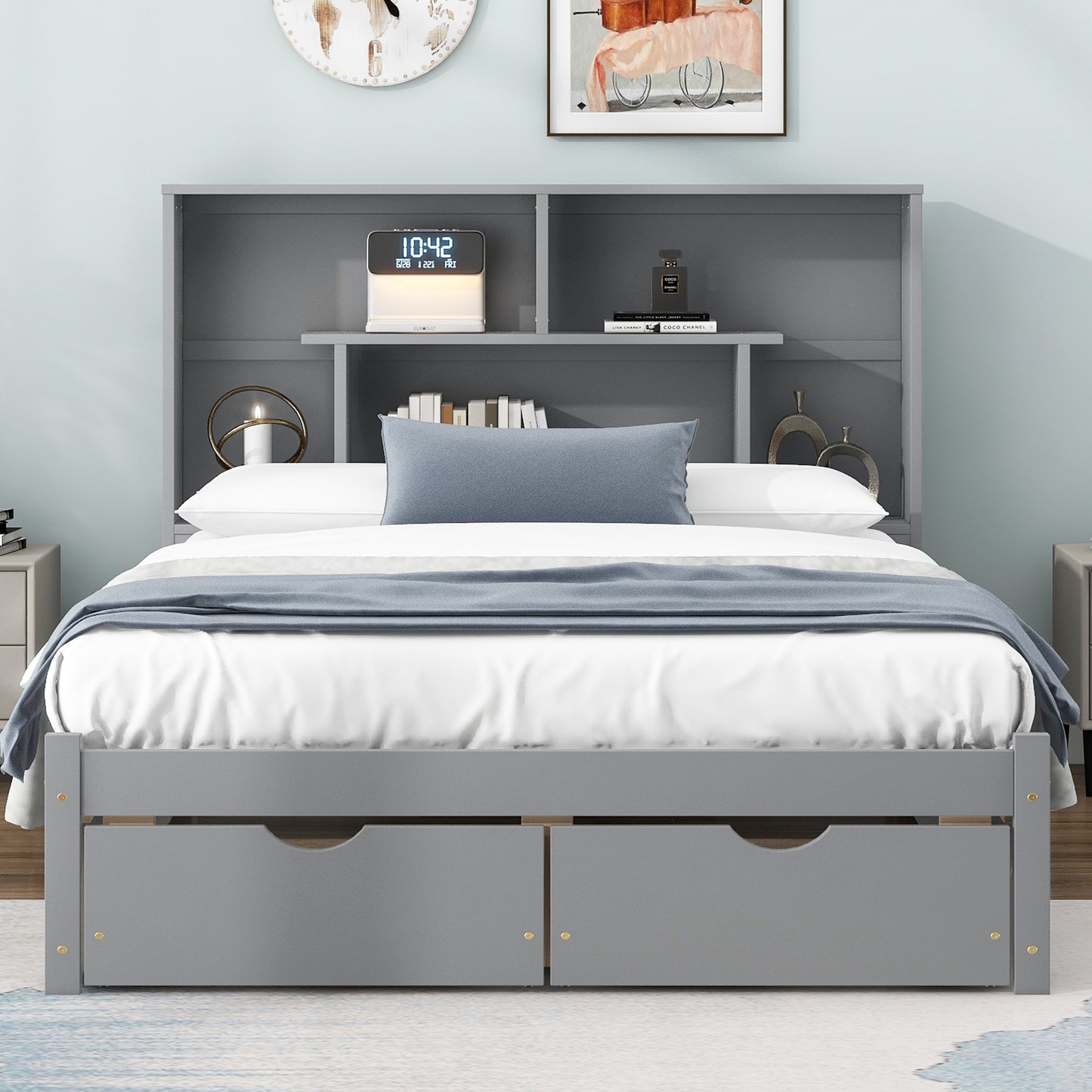 Full Size Platform Bed with Storage Headboard and 2 Drawers, Gray