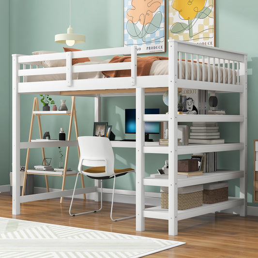 Full Size Loft Bed with Storage Shelves and Under-Bed Desk, White Finish for Modern Bedrooms