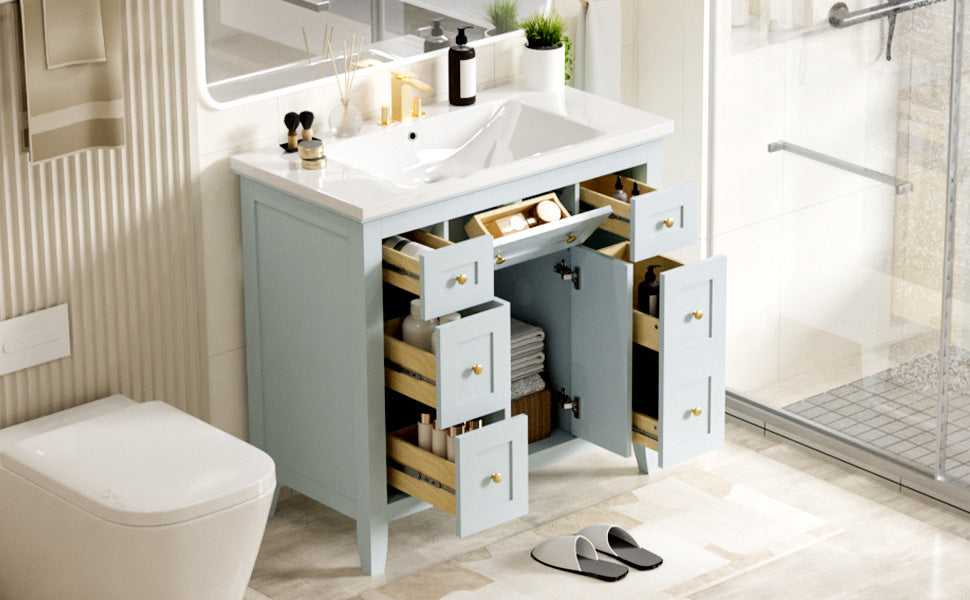 36 inch bathroom vanity with resin sink combination set with 6 drawers and 2 cabinets, storage cabinet vanity set, light blue