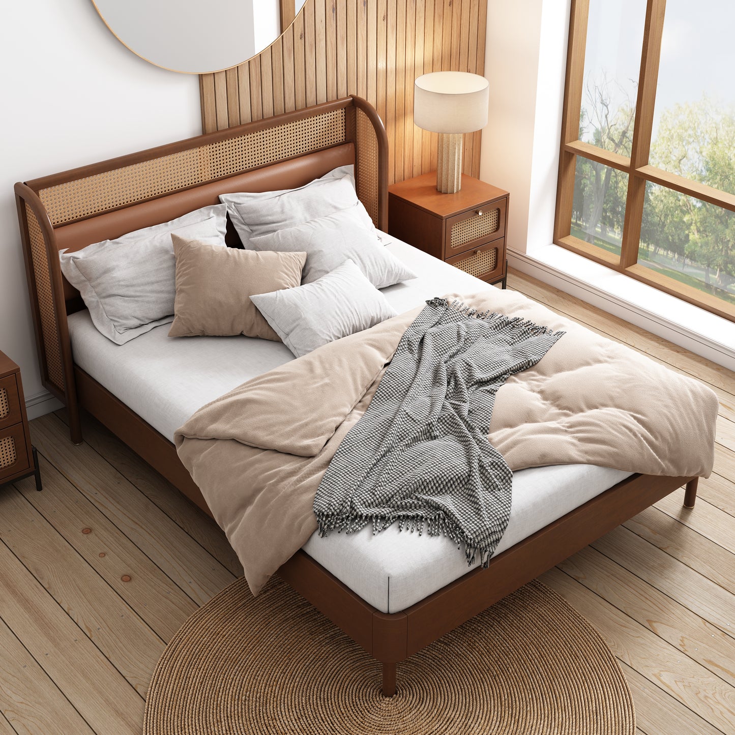 Moderna cama tamaño queen con plataforma de madera de ratán Cannage, acabado nogal para dormitorios elegantes