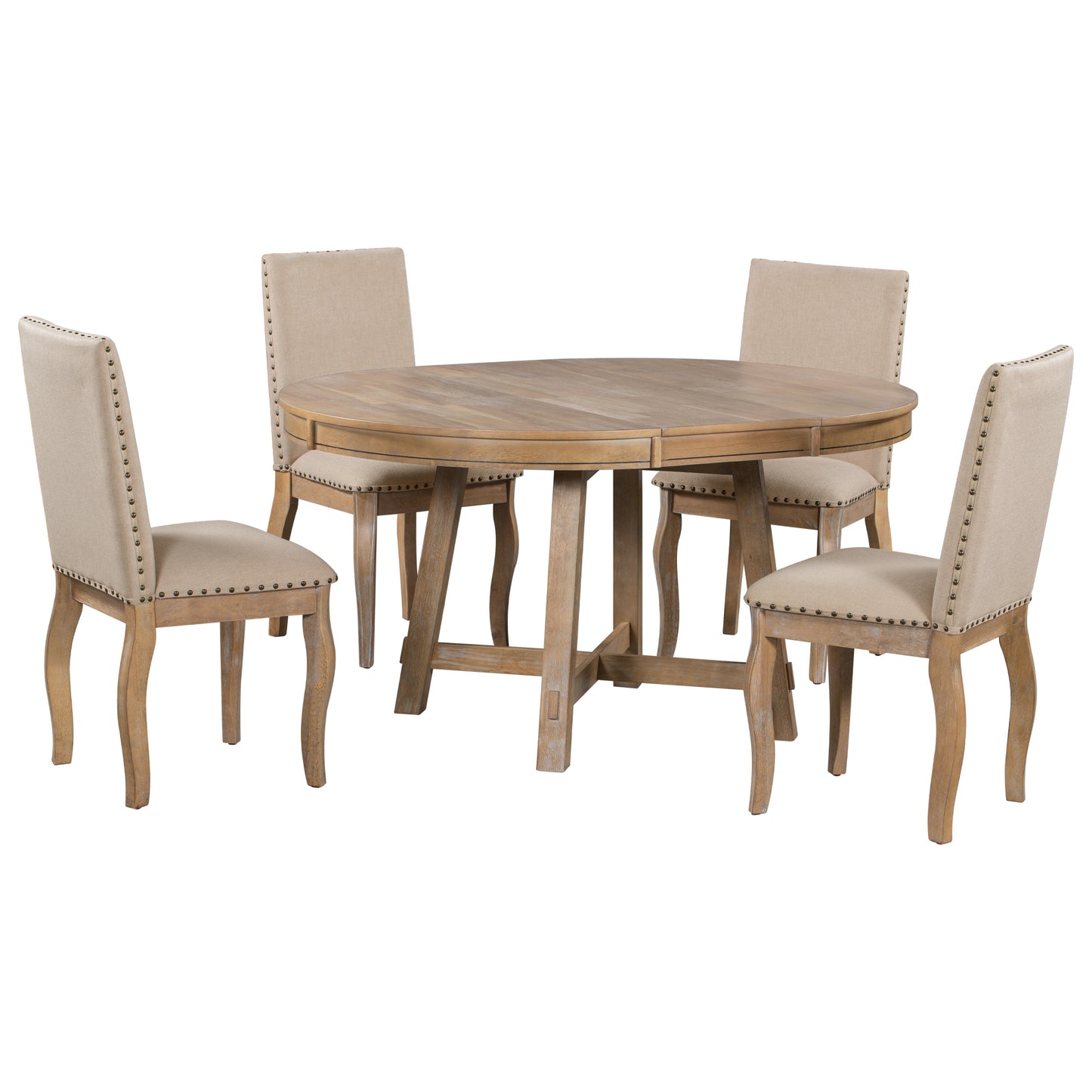 TREXM 5-Piece Farmhouse Dining Table Set with Round Extendable Table and 4 Upholstered Chairs, Natural Wood Wash