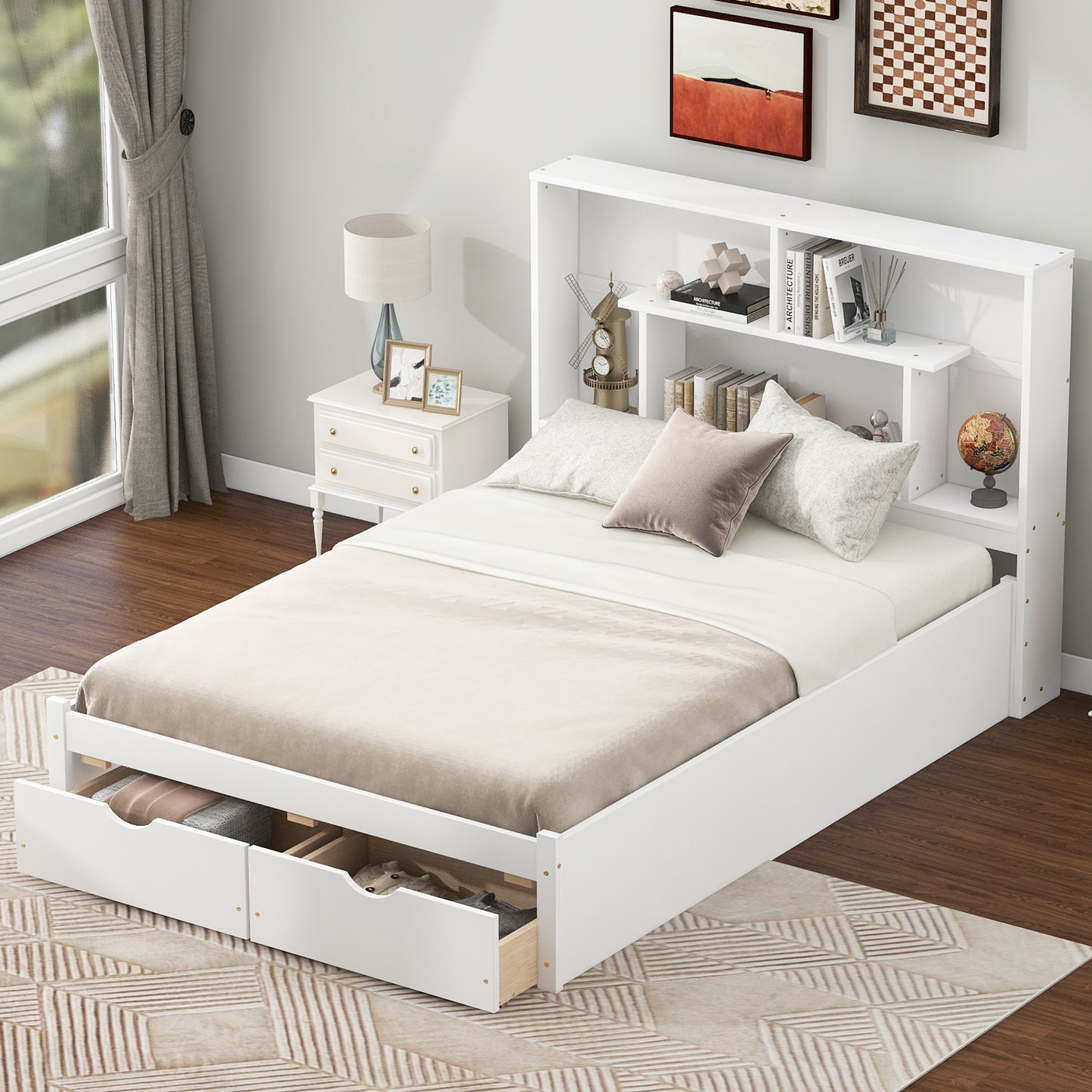 Full Size Platform Bed with Storage Headboard and 2 Drawers, White