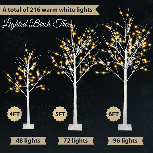 Artificial birch tree with light, 4FT 48 LED/5FT 72 LED/6FT 96 LED, with warm white light, indoor and outdoor decoration