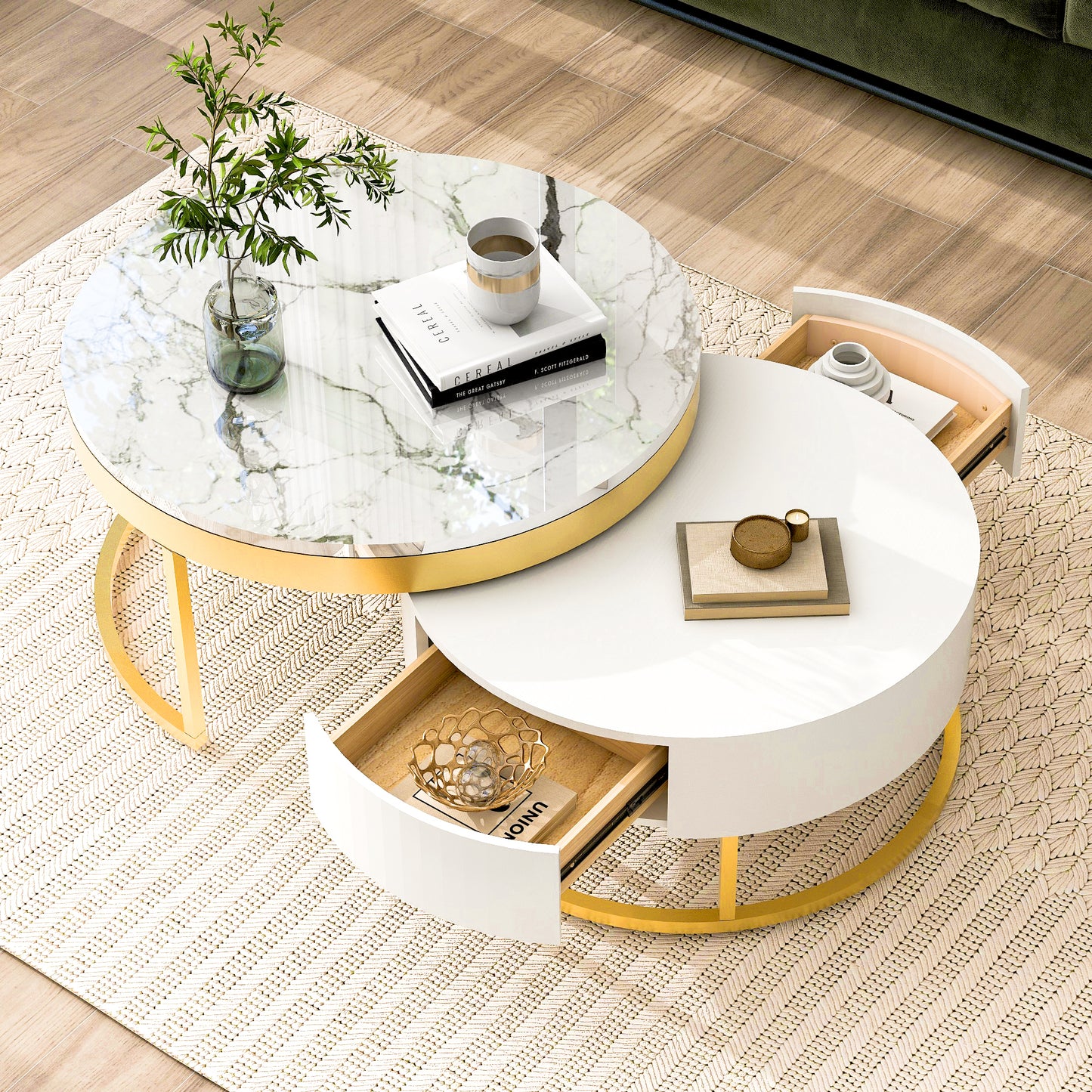 Modern Round Nesting Coffee Table with Drawers, White Finish for Living Rooms