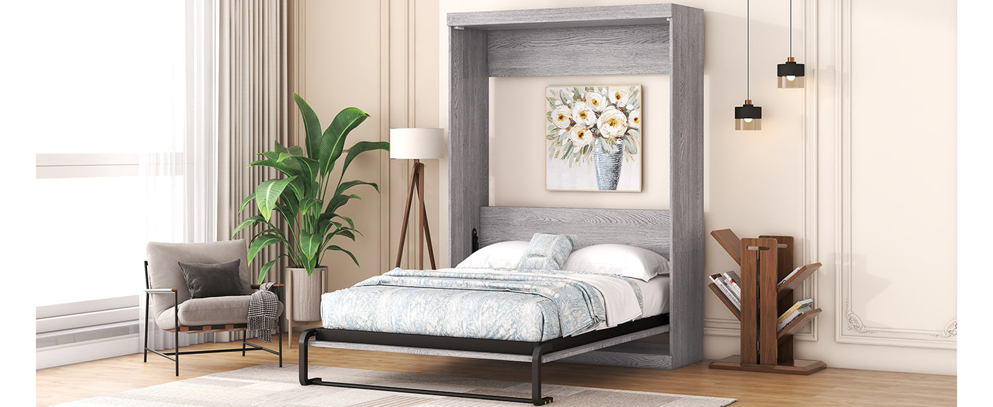 Cama plegable tamaño completo con compartimentos para guardar cosas y acabado gris para espacios reducidos