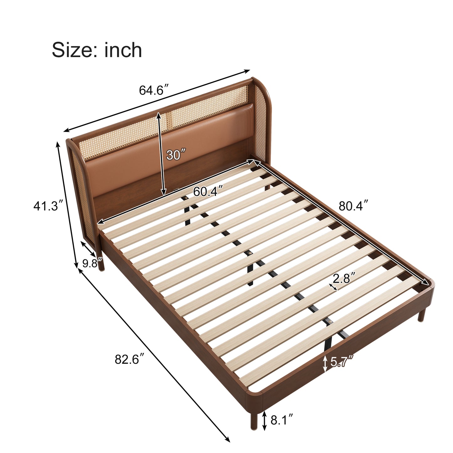 Moderna cama tamaño queen con plataforma de madera de ratán Cannage, acabado nogal para dormitorios elegantes