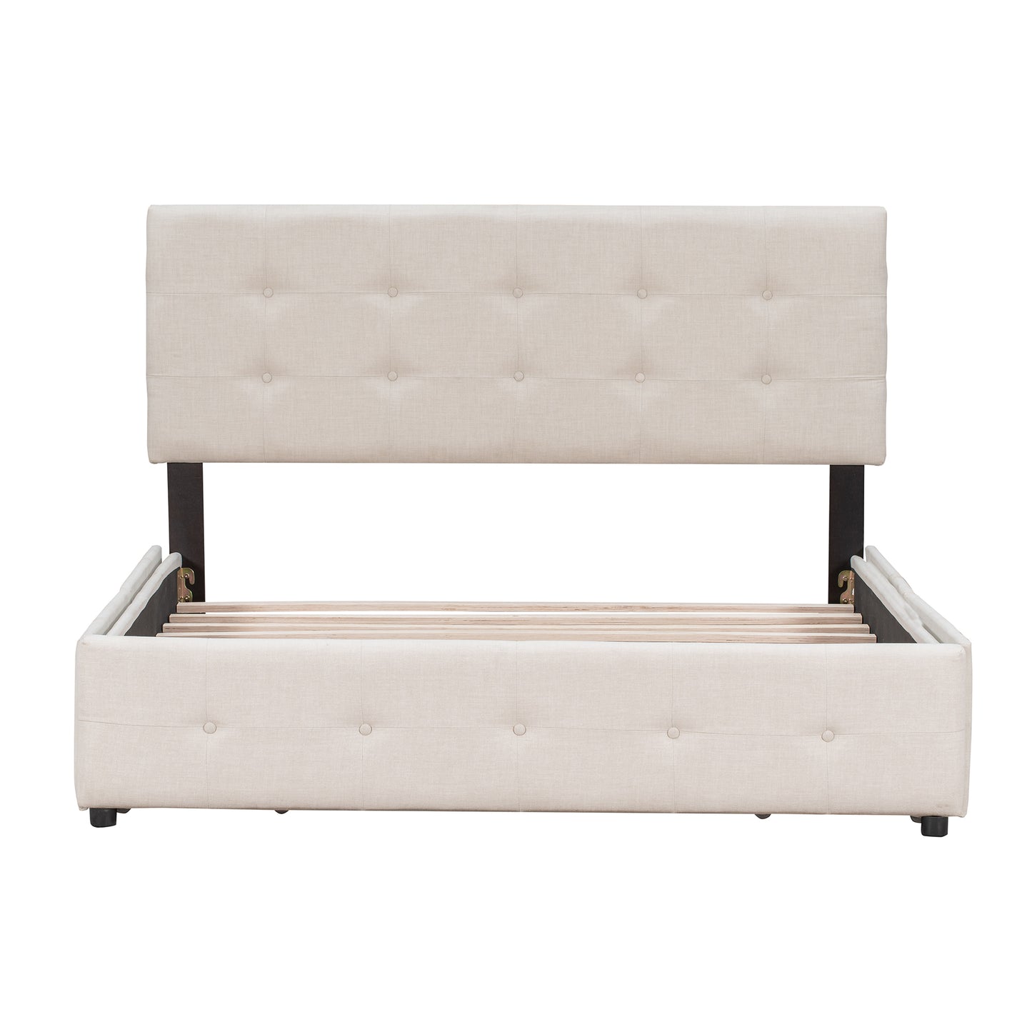 Upholstered Platform Bed with Classic Headboard and 4 Drawers No Box Spring Needed Linen Fabric Queen Size Beige