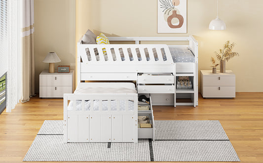 L-shaped Space-Saving Twin Loft and Twin Platform Bed with 7 Drawers and Full Guardrails(WHITE)