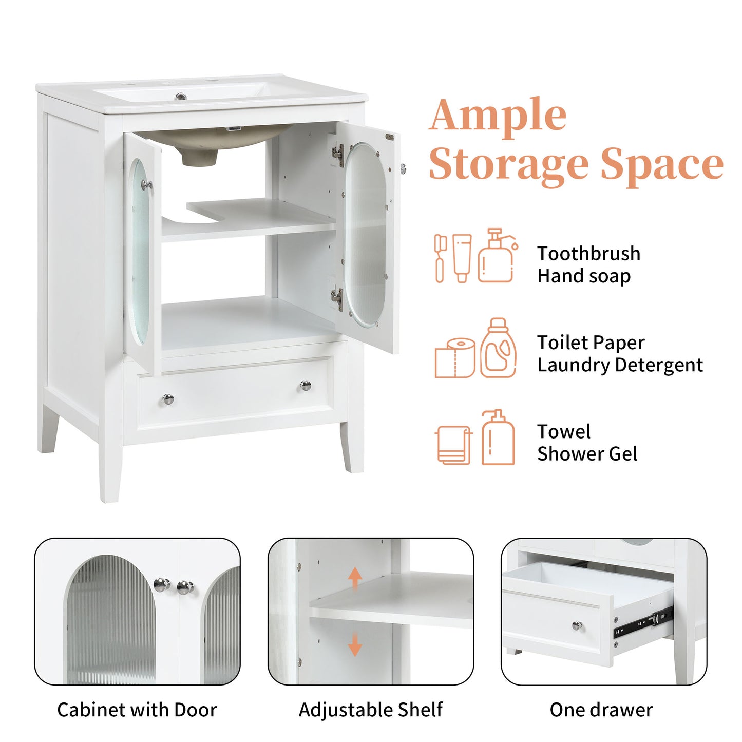 Bathroom Vanity with Sink, Bathroom Vanity Cabinet with One Drawer and Doors, Adjustable Shelf, Solid Wood and MDF, White