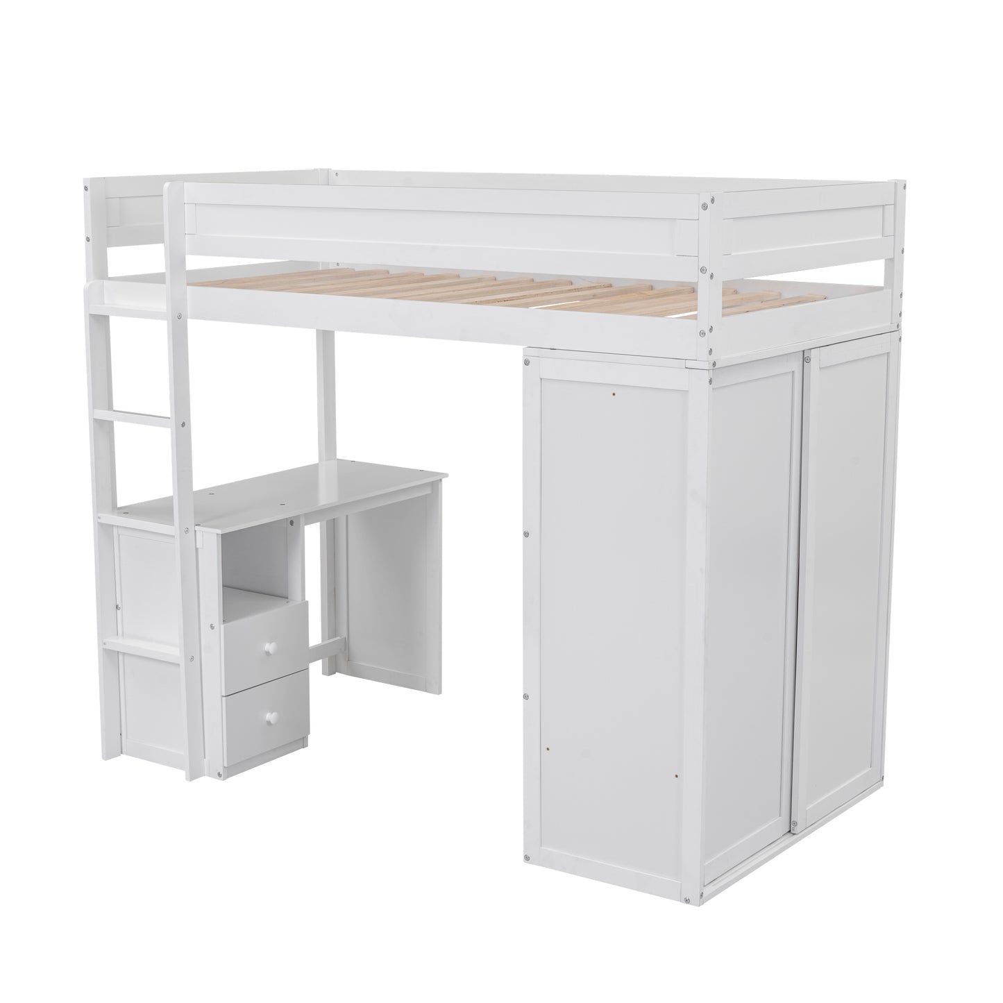 Wood Twin Size Loft Bed with Wardrobes and 2-Drawer Desk with Cabinet  White