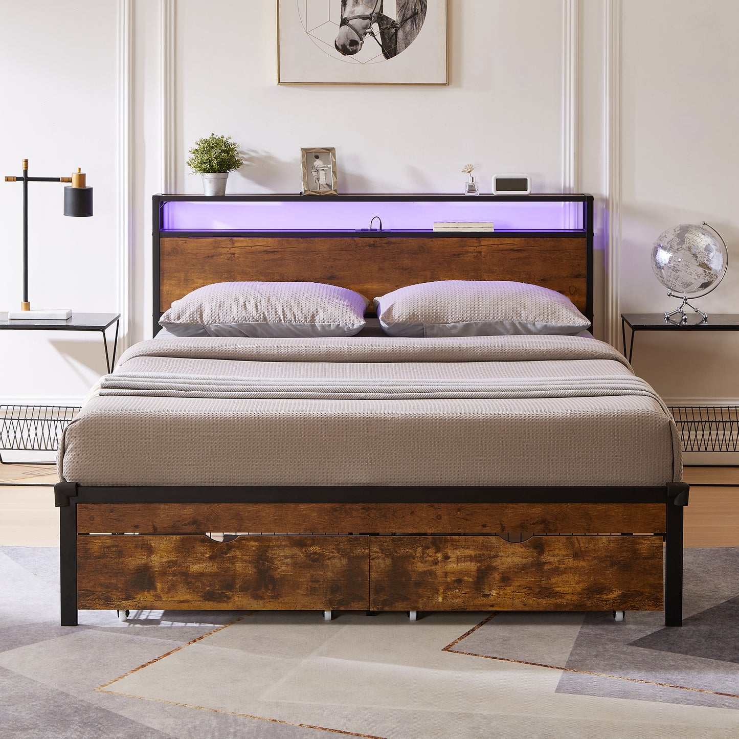 Large metal bed frame with wooden headboard and USB foot pedal, charging station, 2 drawers, LED lights, no need for box spring