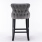 Velvet padded wing back bar stool with button tuft decoration and wooden leg chrome nail head decoration 2-piece set (gray)