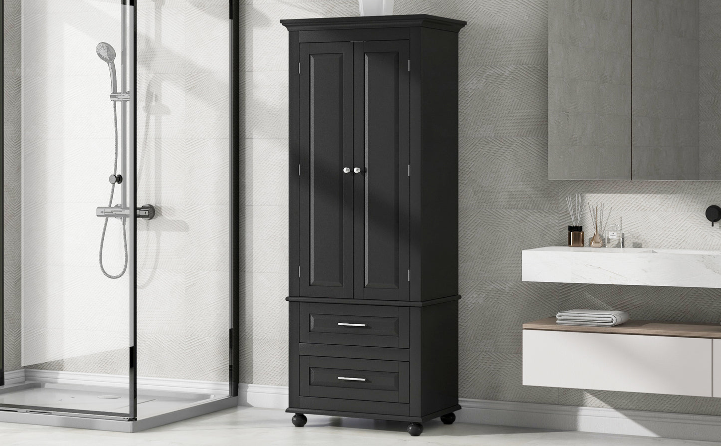 Tall Storage Cabinet with Two Drawers, Perfect for Bathrooms and Offices, Black Finish