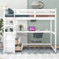 Full Size Loft Bed with Desk and Shelves,Two Built-in Drawers White