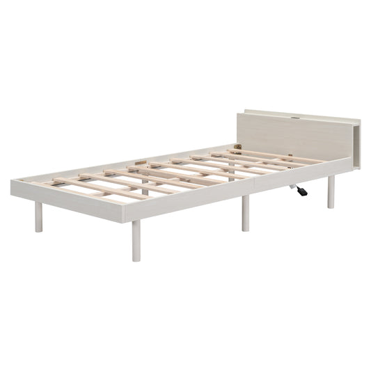 Modern Twin Size Platform Bed Frame with Built-In USB Ports, White Washed Finish for Bedrooms