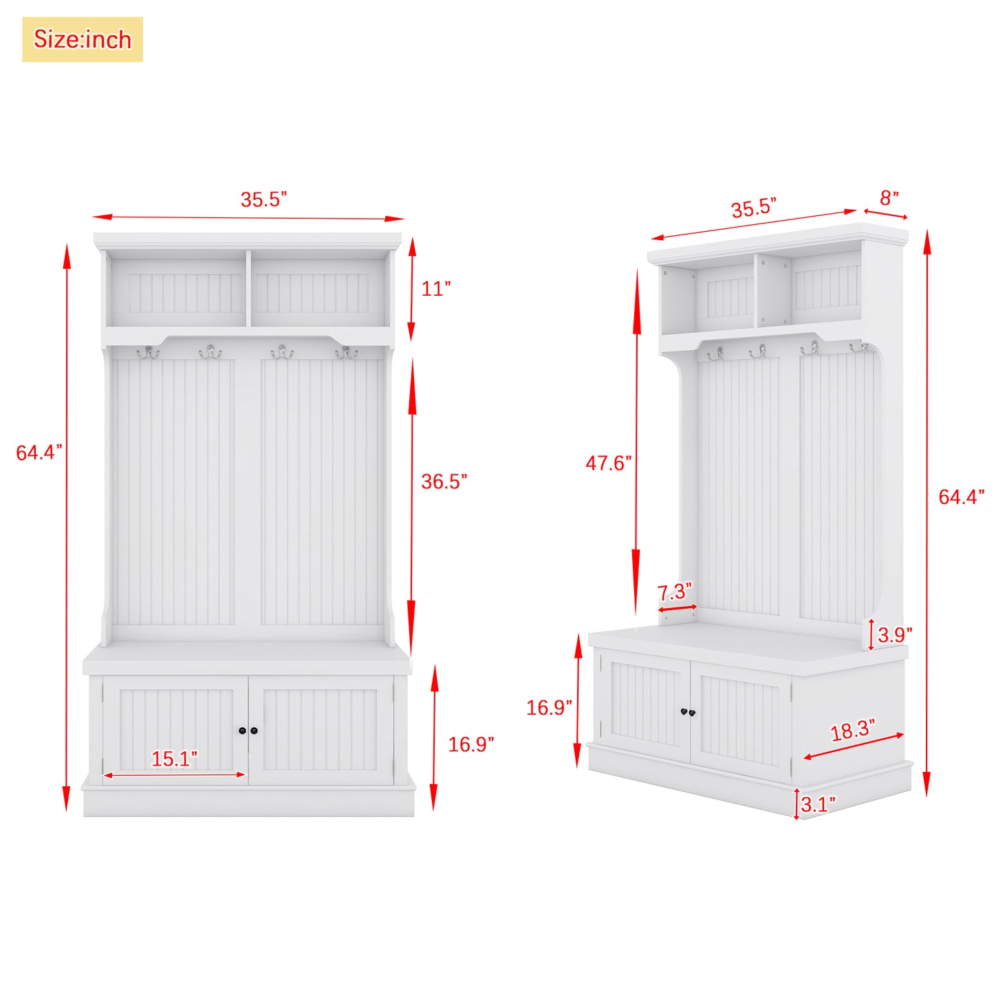 Hall Tree with Storage Shoe Bench, 4-in-1 Design with Coat Racks and 4 Hooks, White Finish